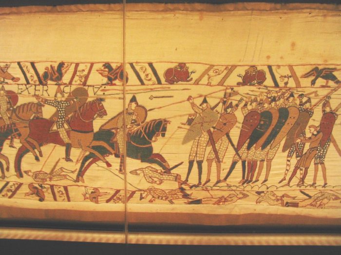 Bayeux Tapestry men carrying arms and wagon with cask